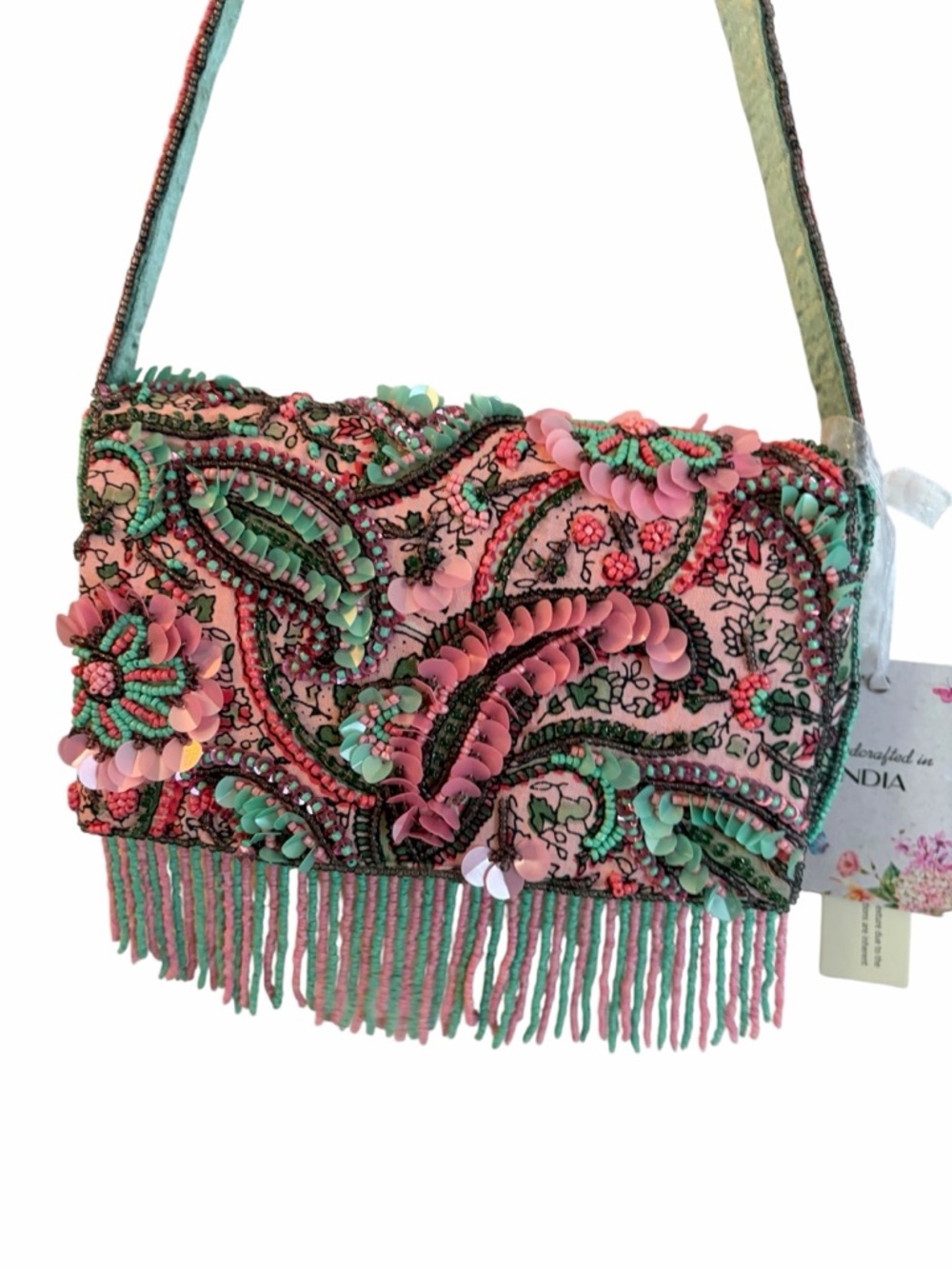 Made in India Beaded Pink & Mint Embellished Women’s Shoulder Bag